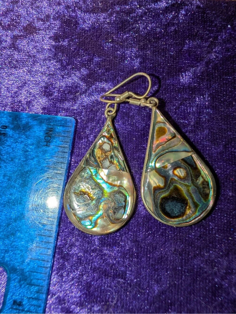 Handmade  Alpaca Mexico Teardrop Abalone Shell Inlay Earrings